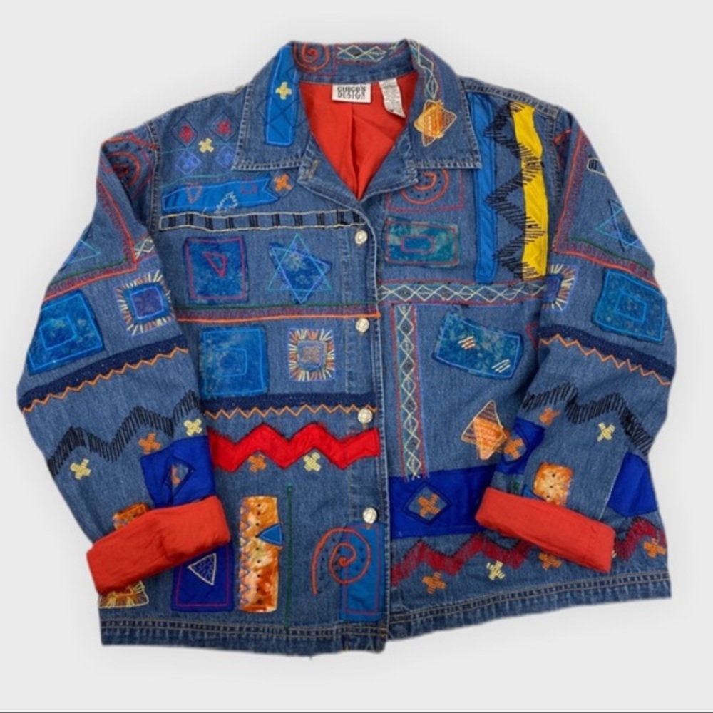 VTG Chico’s Funky Multicolor Appliqué Embroidered Art to Wear Denim Jacket